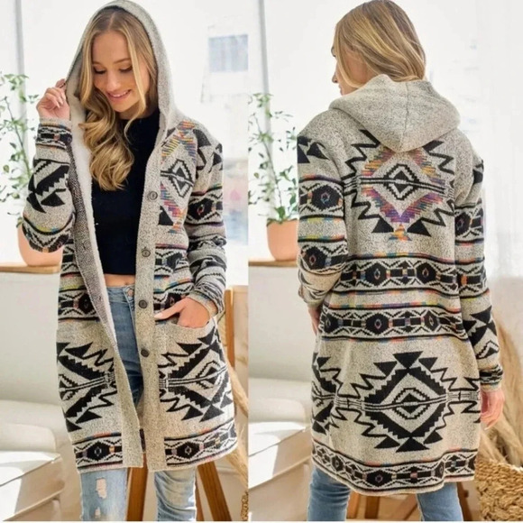 NORTHERN ANGEL Colorful Aztec Knit Long Line Hooded Cardigan Sweater - Picture 1 of 11